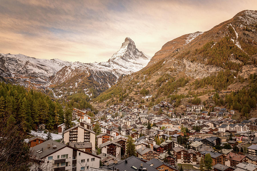 Zermatt village at sunrise with the Matterhorn Photograph by Benoit Bruchez