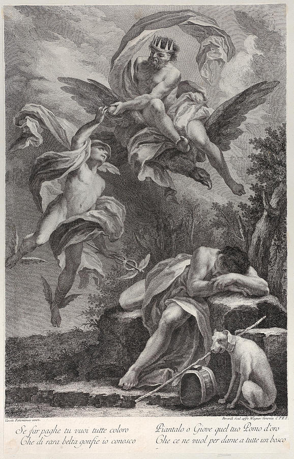 Zeus handing the golden apple to Hermes, above the sleeping figure of ...