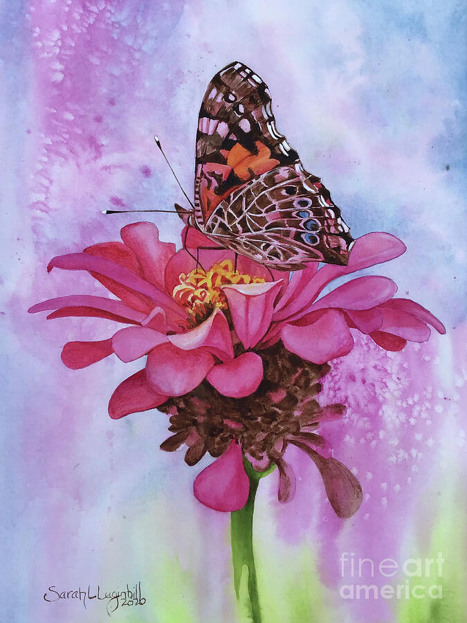 Zinnia and Fritillary butterfly Painting by Sarah Luginbill - Fine Art ...