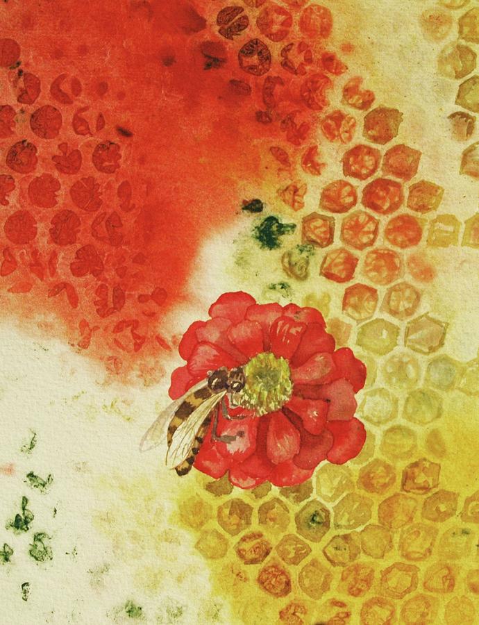 Zinnia Bee Painting by Helen Klebesadel