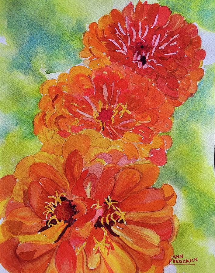 Zinnias in a Row Painting by Ann Frederick
