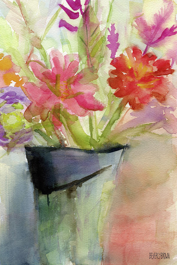 Flowers Still Life Painting - Zinnias in a Vase Watercolor Paintings of Flowers by Beverly Brown