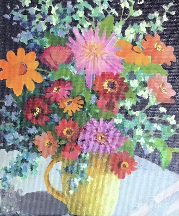 Zinnias in Yellow Vase Painting by Anne Marie Brown