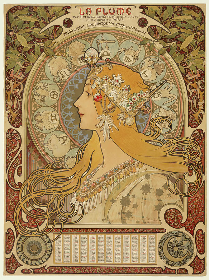 Zodiaque -La Plume-. Alphonse Marie Mucha, Czech, 1860-1939. Painting by Alphonse Mucha -1860-1939-