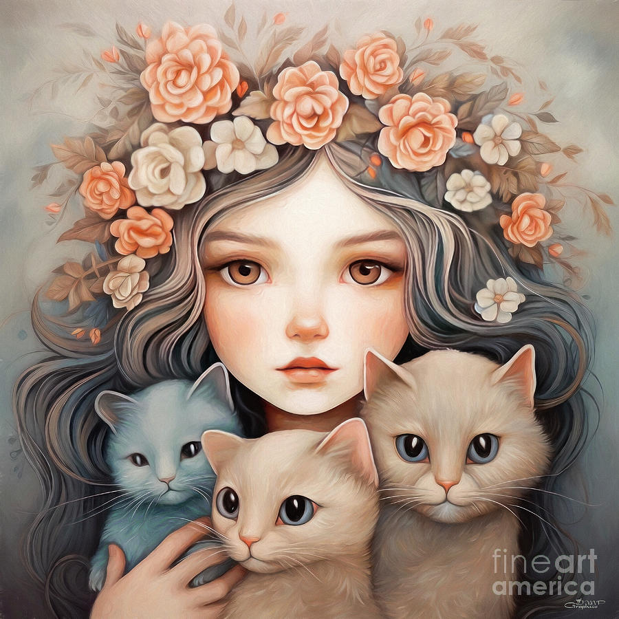 Zoe and her Cats Digital Art by Jutta Maria Pusl