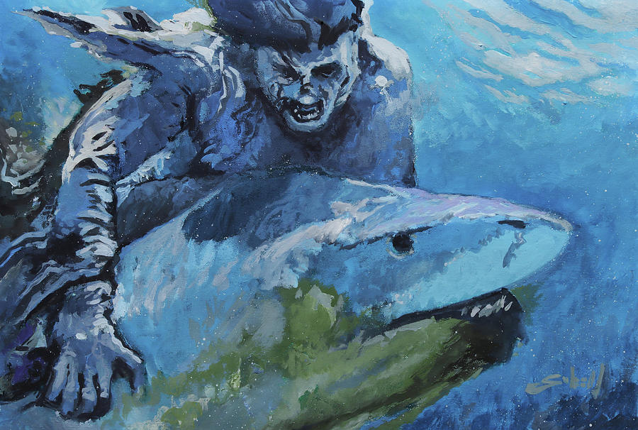 Zombie vs Shark Painting by Sv Bell