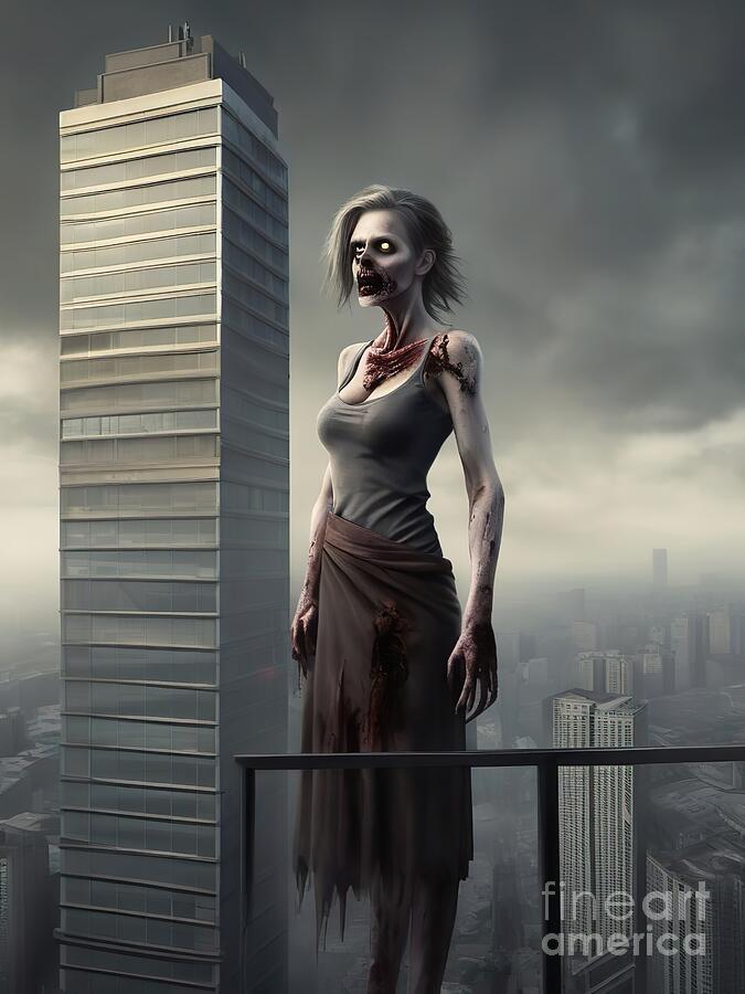 Skyscraper Digital Art - Zombie woman on a skyscraper. by Rene Mitterlehner