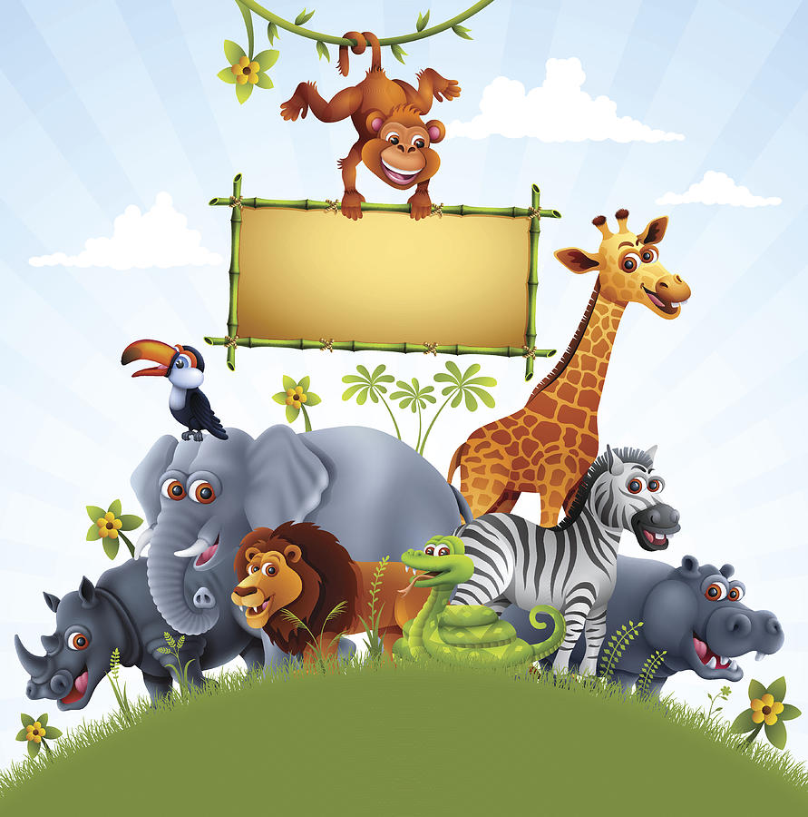 Zoo Animals with Bamboo Sign Drawing by AlonzoDesign