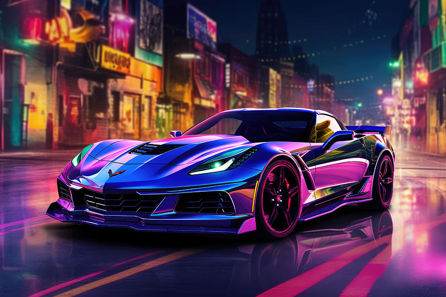 ZR1s Neon Symphony in City Lights Painting by Lourry Legarde