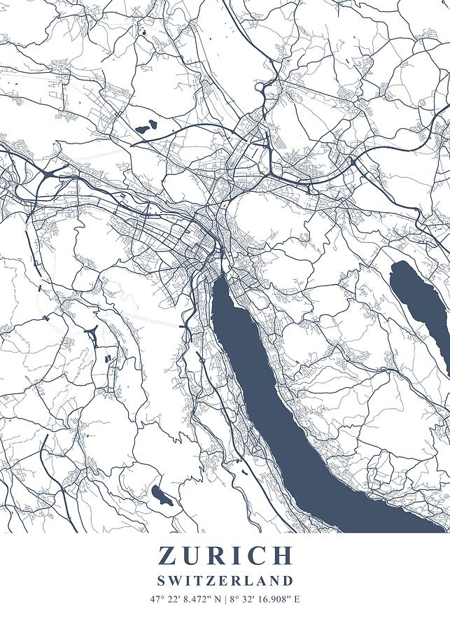 Zurich Switzerland Ash Plane Map Mixed Media by The Map Man - Fine Art ...