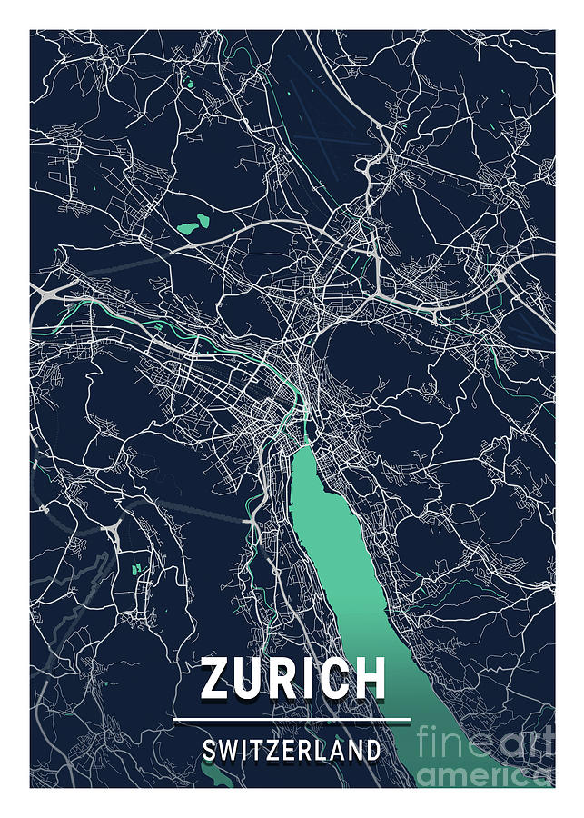 Zurich - Switzerland Blue Dark City Map Digital Art by Tien Stencil ...