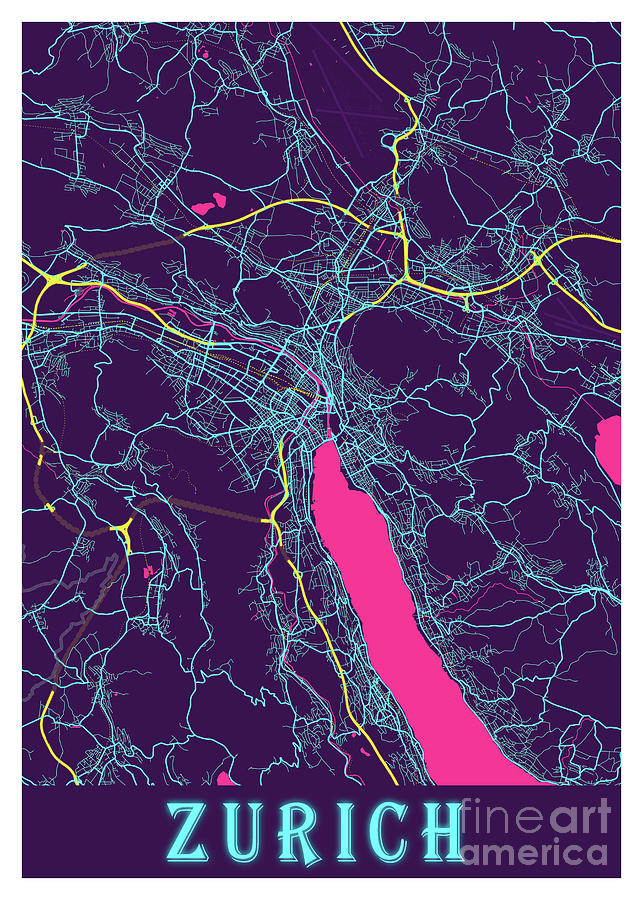 Zurich - Switzerland Neon City Map Digital Art by Tien Stencil - Fine ...