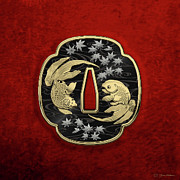 Japanese Katana Tsuba - Twin Gold Fish on Black Steel over Red Velvet #1 Photograph by Serge Averbukh