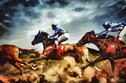Running horses Competition Jockeys in horse race #1 Painting by Dimitar Hristov