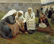 Women Outside the Church at Ruokolahti #1 Painting by MotionAge Designs