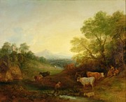 A Landscape with Cattle and Figures by a Stream and a Distant Bridge Painting by Thomas Gainsborough