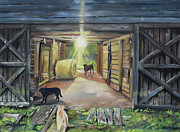 After Hours in Pa's Barn - Barn Lights - Labs Painting by Jan Dappen