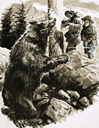American grizzly bear being shot by trappers Painting by CL Doughty
