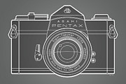 Asahi Pentax 35mm Analog SLR Camera Line Art Graphic White Outline Digital Art by Tom Mayer II Monkey Crisis On Mars