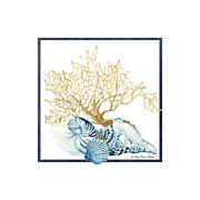 Beach House Nautilus Scallop n Conch with Tan Fan Coral Painting by Audrey Jeanne Roberts