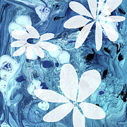 Blue Water Flowers- Art by Linda Woods Mixed Media by Linda Woods
