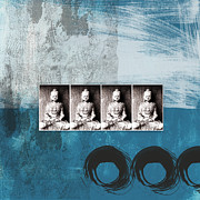Buddhas In Blue- Contemporary Art by Linda Woods. Painting by Linda Woods