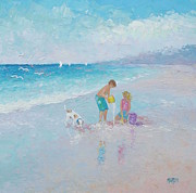 Painting of children building sandcastles at the beach Painting by Jan Matson