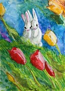 Bunnies in the Tulips Painting by Follow Themoonart