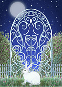 Bunny, Gate and Moon Mixed Media by Lise Winne