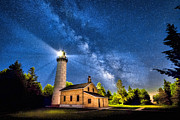 Cana Island Lighthouse Milky Way in Door County Wisconsin Painting by Christopher Arndt