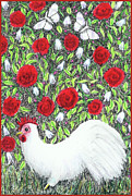 Chicken and Butterflies in the Flowers Painting by Lise Winne