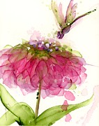 Dragonfly and Zinnia Painting by Dawn Derman