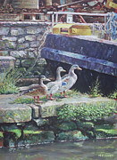 Ducks on dockside Painting by Martin Davey