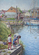 Family Fishing at Eling Tide Mill Hampshire Painting by Martin Davey