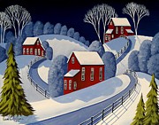 Fenced Roads - folk art winter landscape Painting by Debbie Criswell Fenced Roads - folk art winter landscape Painting by Debbie Criswell