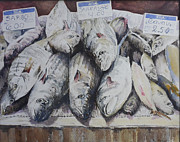 Fish market in Portugal Painting by Bev Morgan