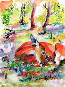 Forest Life Doe and Fawn Watercolor Painting by Ginette Callaway