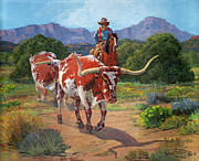 Gathering Longhorns Painting by Randy Follis