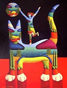 Girl on cat in landscape in cat Painting by Alan Kenny