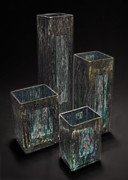 Hand Painted Glass set of Four blue white yellow Glass Art by Christopher Schranck