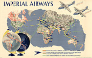 Imperial Airways - Vintage Travel Advertising Poster - World Map Mixed Media by Studio Grafiikka