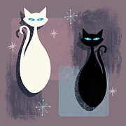 Jazzy Midcentury Modern Black And White Abstract Cats Painting by Little Bunny Sunshine