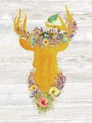 King of Enchanted Forest, golden buck, birds nest crown Painting by Tina Lavoie