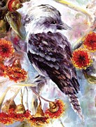 Kookaburra in red flowering gum Painting by Ryn Shell
