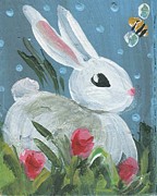 Little Bunny and Bumble Bee Painting by Follow Themoonart