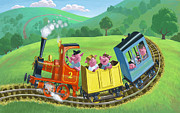 Little Happy Pigs On Train Journey Painting by Martin Davey