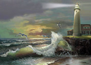 Michigan Seul Choix Point Lighthouse with an Angry Sea Painting by Regina Femrite