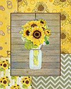 Modern Rustic Country Sunflowers in Mason Jar Painting by Audrey Jeanne Roberts