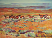 Mustangs Running Near White Mountain Painting by Karen Brenner