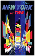 New York Fly TWA Vintage Air Line Travel Poster Restored Drawing by Vintage Treasure